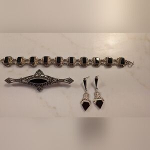 Sterling And Marcasite Vintage Beautiful Bracelet, Earrings And Broach